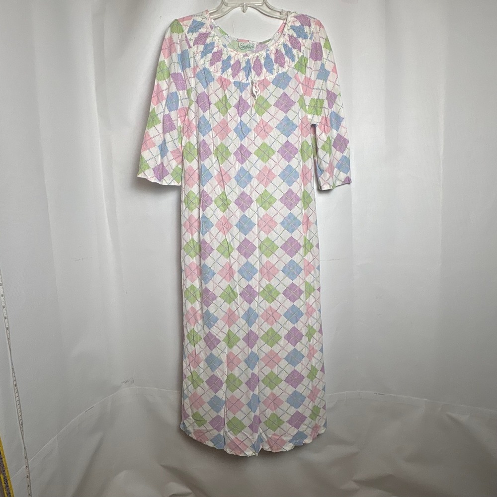 Vintage Spotlight Argyle Nightgown Large Pastel Pink Blue Green Maxi Made in USA